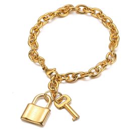 New Fashion 316L Stainless Steel Lock Bracelet For Women Men Best Gift Square Padlock Key Charms Bracelets Rolo Cable Chain Bracelet