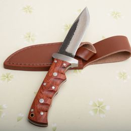 Promotion Pure Hand Made Survival Straight Knife Thousand-Layer Steel Drop Point Blade Wood Handle With Leather Sheath