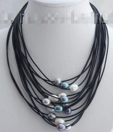 Free shipping hot sale Women Bridal Wedding Jewellery >>stunning 15rows big 13mm baroque white Grey black pearl leather necklace