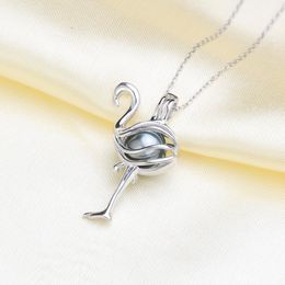 925 sterling silver 8-10mm flamingo shaped Essential Oil Diffuser Necklace Locket Pearl Cage Pendant accessory DIY Jewelry