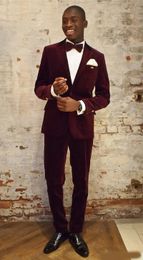 Latest Coat Pant Designs Burgundy Velvet Formal Custom Wedding Suits For Men Bridegroom Slim Fit Jacket Tuxedo (Jackets+Pants+Bow)