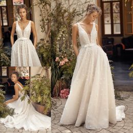 lihi hod boho wedding dresses a line bridal gowns 3d floral lace appliqued backless wedding dress v neck robes de marie