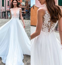 New Beads Boho Wedding Dresses Boho 2020 V Neck Appliques Lace Chiffon Buttons Wedding Gowns Bride Dress vestidos de noiva