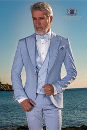 Fashion Sky Blue Men Wedding Tuxedos Peak Lapel Slim Fit Groom Tuxedos Excellent Men Jacket Blazer 3 Piece Suit(Jacket+Pants+Tie+Vest)2768