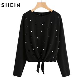 Polyester New Pearl Beaded Knot Front Cute Tee Shirt Black Casual T Shirt for Women Long Sleeve Round Neck Women T -Shirts Trend
