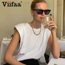 Viifaa White T Shirt with Shoulder Pad Sleeveless Round Neck Summer Tshirt Women Casual Loose Office Ladies Tops T200613