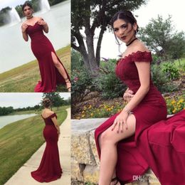 2019 Burgundy Mermaid Bridesmaid Dresses Thigh High Slits Off Shoulder Satin Evening Gowns Lace Applique Beaded Formal Prom Dresses