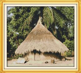 African local house cabin home decor painting ,Handmade Cross Stitch Embroidery Needlework sets counted print on canvas DMC 14CT /11CT