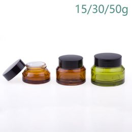 15g 30g 50g Amber Green Glass Jar Containers Cosmetic Cream Lotion Bottles Makeup Pots Travel Cases with Black Lids
