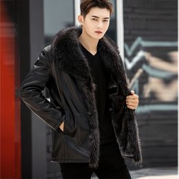 Mens Winter Fur Coats Long Sheepskin Leather Jackets Raccoon Fur Collar Windbreaker Outerwear Outdoor Snow Overcoat Plus Size Clothes S-4XL