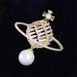 Zircon Rhinestone Earth Planet Hang Pearl Brooch Crystal Enamel Pins and Brooches for Women Lapel Pin Men Suit Jewellery