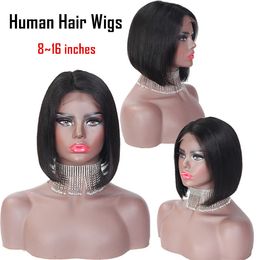 SHUOWEN 8~16 Inches Lace Front Remy Human Hair Wigs 4x4 Bobo Black Curly Straight Wig Pelucas Lace Frontal Perruques