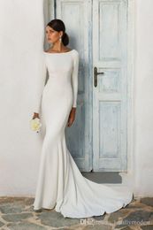 Simple Beach Modest Elegant Mermaid Wedding Dresses Long Sleeves Scoop Neck Floor Length Bohemian Boho Wedding Dress Bridal Gowns