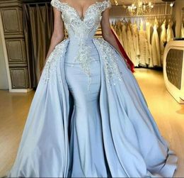 Light Blue Prom Dresses With Detachable Train Off The Shoulder Satin Sweep Train Mermaid Evening Gowns Custom Made Special Occasion Dress
