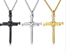 silver/black/gold stainless steel nail cross pendant necklace for mens boys Jewellery fashion gifts for holiday free chain 24 inch