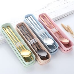 Stainless Steel Tableware Set Portable Spoons Chopsticks Set with Straw Box Silver Golden Black Dinnerware Set