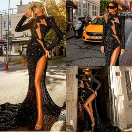 High Side Split Black Evening Dresses High Collar Lace Sequins Sexy Long Sleeve Mermaid Prom Dress Sweep Train Red Carpet Gowns