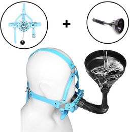 camaTech BDSM Toilet Funnel Open Mouth Gag Mask Hood PU Leather Funnel Oral Enema Drool Plug Gag Head Harness Bondage Adult Game Y191203