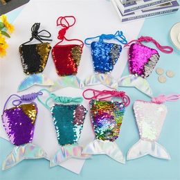 New Mini Kids Purses Girls Love Mermaid Sequins Zipper Coin Wallet With Lanyard Beautiful Fish Shape Tail Sling Money Card Purse Pouch Bag
