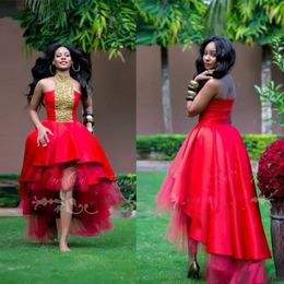 Red High Low Prom Dresses Gold Lace Appliques Halter Evening Gowns Satin And Tulle Tiered African Cocktail Party Dress Custom Made