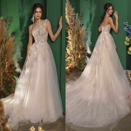 Papilio 2020 Wedding Dresses One Shoulder Sleeveless Lace Appliques Bridal Gowns Gorgeous Backless Sweep Train A Line Wedding Dress