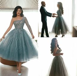 2020 Elegant Evening Dresses One-Shoulder Long Sleeve Lace Sequins Prom Gowns Custom Made Tea-Length A Line Special Occasion Dress