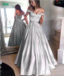 Fashion Silver Prom Dresses With Pockets Off Shoulder Beaded Sash A Line Floor Length Formal Evening Wear Celebrity Party Gowns
