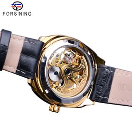 Forsining watch Golden Skeleton Clock Male Mens Mechanical Wrist Watches Top Brand Luxury Black Genuine Leather Belt Luminous Hand3169