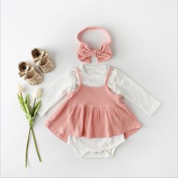 Baby Clothes Kids Girls T Shirt Suspender Dresses Headband Clothing Sets Summer Solid Top Princess Dress Bowknot Hairband Sets BYP707