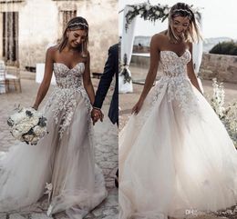 Vintage Boho Summer Beach Wedding Dresses Sweetheart Lace Appliques Beach Bridal Gowns for Weddings Cheap Custom Made Wedding Gown284C