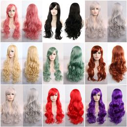 Long wavy Cosplay wigs 80cm all-purpose High temperature resistant Red Green Pink Blue Sliver Gray blonde Synthetic Hair Salon Wigs