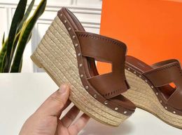 Hot Sale-red black brown luxury thick bottom Straw plaiting real leather slipsole sandals 109