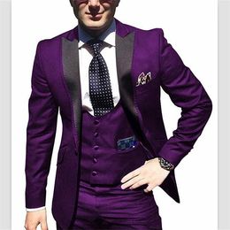 High Quality One Button Purple Wedding Groom Tuxedos Peak Lapel Groomsmen Mens Suits Prom Blazer (Jacket+Pants+Vest+Tie) W95