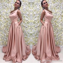 Simple Cheap Pink A-Line Evening Dresses One Shoulder Elastic Satin Floor Length Open Back Formal Dress Party Prom Gowns vestido de novia