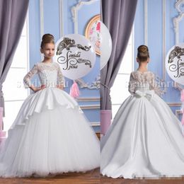 Flower White Ball Girl Dresses Long Sleeves Jewel Neck Satin Tulle Pearl Applique Bow Pageant Party Gown Custom Made