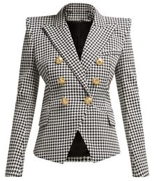 New Top Quality Original Design Women's Classic Houndstooth Double-Breasted Blazer Slim Jacket Metal Buckles Blazer suit collar outwear