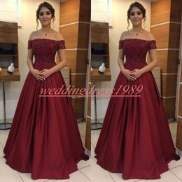 Charming Burgundy Lace Prom Dresses Off Shoulder Satin A-Line Floral Evening Formal Wear Juniors Cheap Long Party Gowns Vestido de fiesta