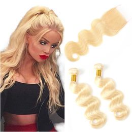 Brazilian Virgin Hair Extensions Body Wave 2 Bundles With 4X4 Lace Closure 613# Blonde Human Hair Wefts With Closure Baby Hair 8-30inch