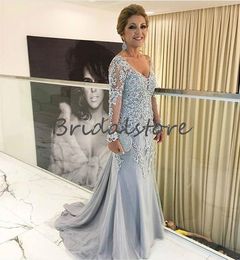 Bohemian Dusty Blue Mother Of Bride Mermaid V Neck Lace Long Sleeves Dresses Evening Wear Vintage Groom Mom Outfits Prom Dress