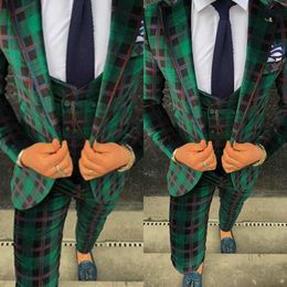 Three Piece Mens Suit Green Damier Check Customized Groom Suit Wedding Suits For Best Men Slim Fit Groom Tuxedos For Man