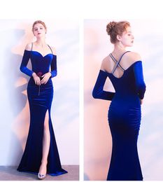 2020 Long Sleeve Spaghetti Strap Long Evening Dresses Velvet Side Split Mermaid Backless Plus Size Prom Gowns robe de soiree Elie Saab 584