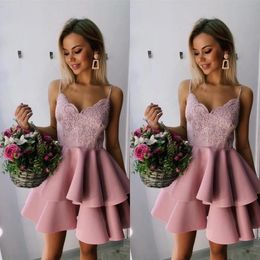 Elegant Spaghetti Straps A Line V Neck Lace Sequin Robe Cocktail Dresses Graduation Homecoming Dresses Short Prom Dress B55