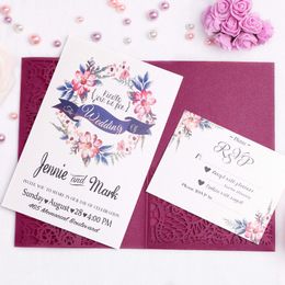 2020 New Lace Cut 3 Folds Burgundy Wedding Invitations Cards For Wedding Bridal Shower Engagement Birthday Graduation Party Invite Free ship