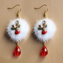 Fashion Santa Elk Cute White Wool Ball Red Crystal Pendant Earrings Female Christmas Gift Jewellery Christmas Fashion Earrings GB1368