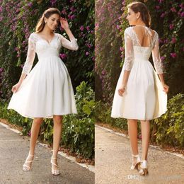 Setwell Knee Length Short Beach Wedding Dress Sexy V-neck 3/4 Long Sleeves Wedding Gowns Custom Made Chiffon Lace Bridal Dress