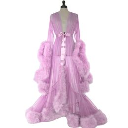 Wholesale-Women Fluffy Feather Long Maxi Dress Sexy Lace See Through Mesh Dress Perspective Flare Sleeve Party Club Floor Length Dresses