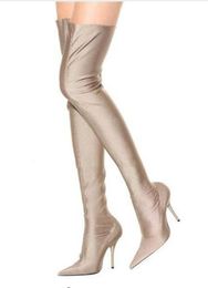 nude over the knee boots UK - Hot Sale-Sexy Pink Purple Black High Heels Over The Knee Satin Women Boots Stretchy Sock Booties Thigh High Boots Stilettos