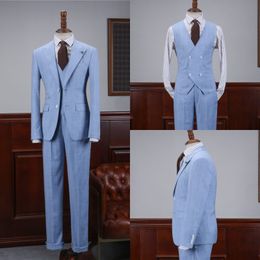 Handsome Light Blue Groom Tuxedos Slim Fit Groomsmen Wedding Tuxedos Popular Men Formal Prom Jacket Blazer Suit (Jacket+Vest+Pants)