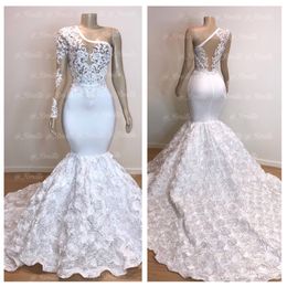 Luxo ver através Branca Sereia Prom Dresses 2020 um ombro Sheer Floral Flores mangas compridas 3D Lace Applique vestidos de noite BC0963