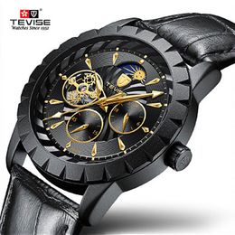 TEVISE Luxury Men Watch Automatic Mechanical Watch Leather Strap Moon Phase Tourbillon Luminous Wristwatch Relogio Masculino281n